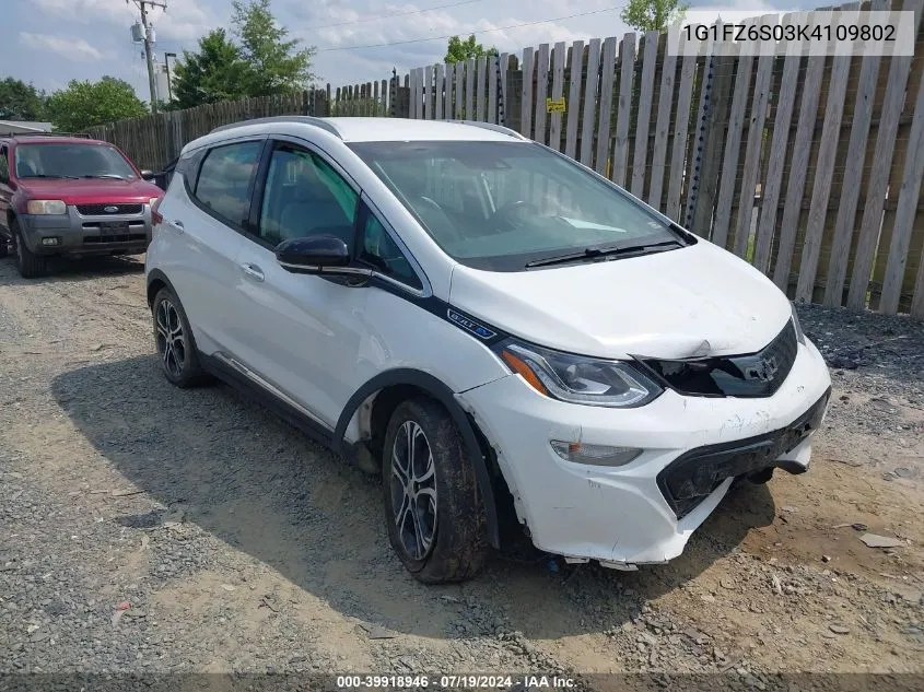 2019 Chevrolet Bolt Ev Premier VIN: 1G1FZ6S03K4109802 Lot: 39918946