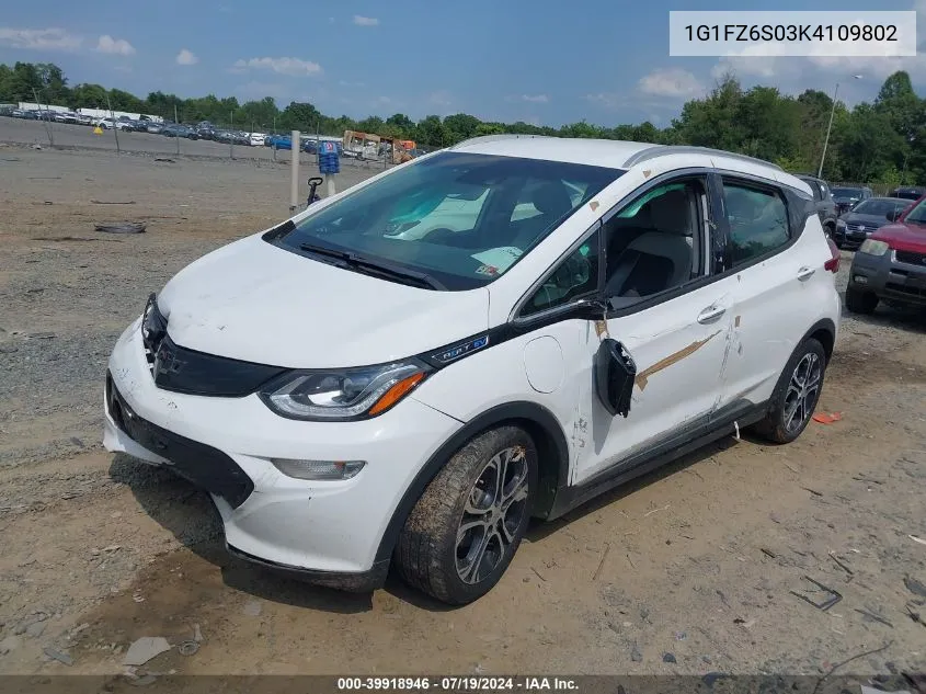 2019 Chevrolet Bolt Ev Premier VIN: 1G1FZ6S03K4109802 Lot: 39918946