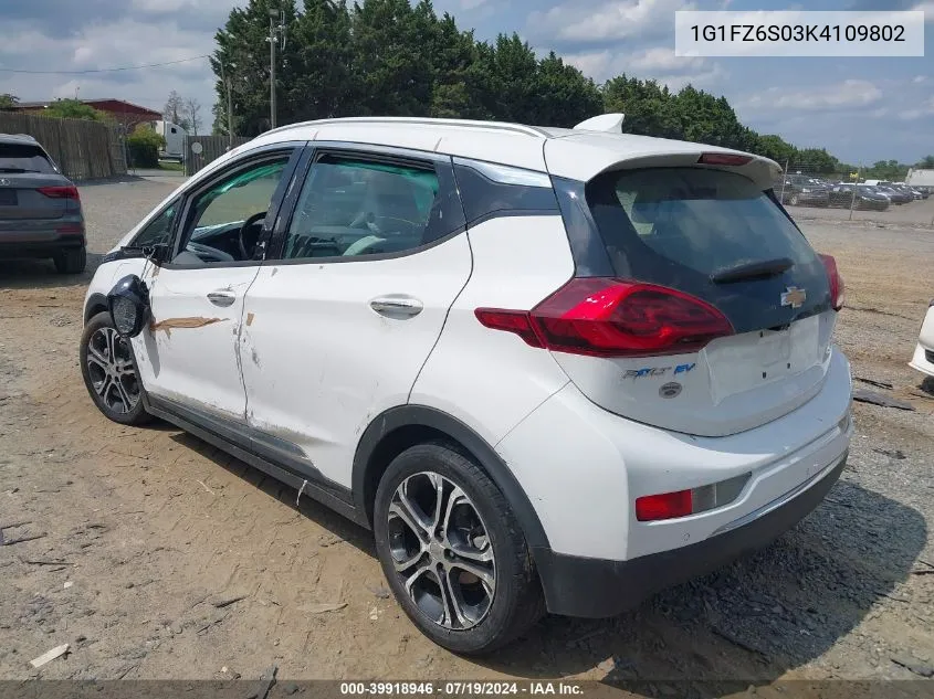 2019 Chevrolet Bolt Ev Premier VIN: 1G1FZ6S03K4109802 Lot: 39918946