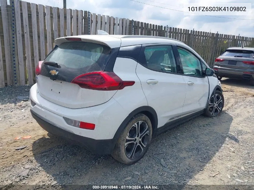 2019 Chevrolet Bolt Ev Premier VIN: 1G1FZ6S03K4109802 Lot: 39918946