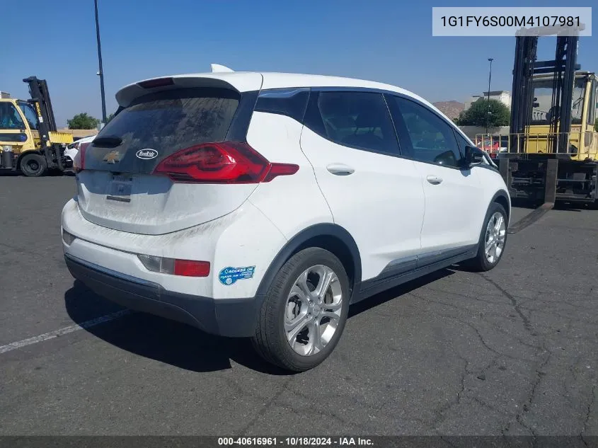 2021 Chevrolet Bolt Ev Fwd Lt VIN: 1G1FY6S00M4107981 Lot: 40616961