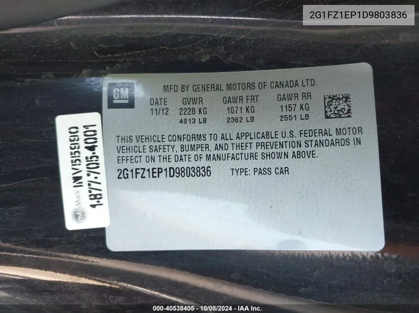 2G1FZ1EP1D9803836 2013 Chevrolet Camaro Zl1