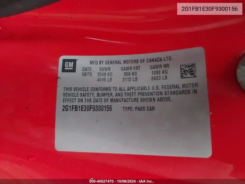 2G1FB1E30F9300156 2015 Chevrolet Camaro Ls