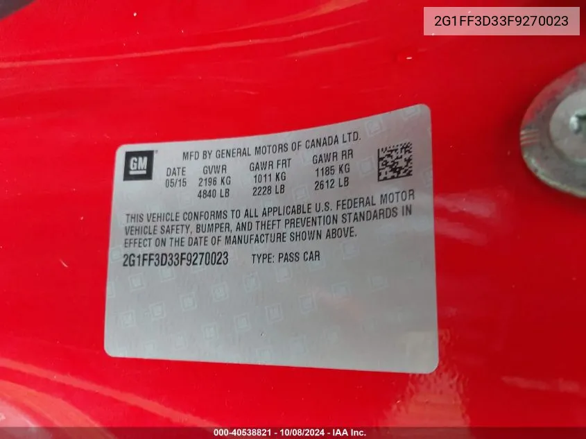 2G1FF3D33F9270023 2015 Chevrolet Camaro Lt