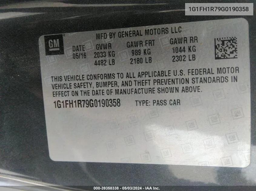 1G1FH1R79G0190358 2016 Chevrolet Camaro 2Ss