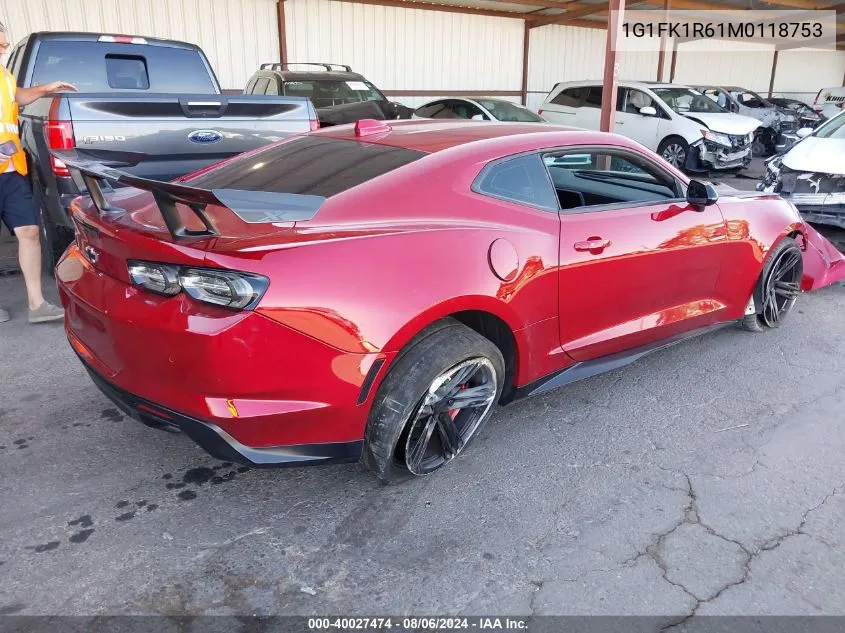 2021 Chevrolet Camaro Rwd Zl1 VIN: 1G1FK1R61M0118753 Lot: 40027474