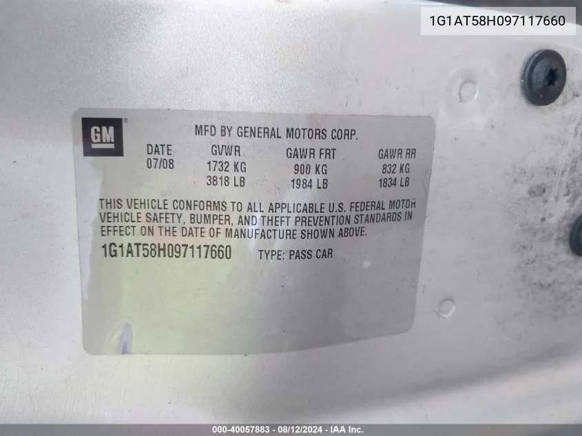 1G1AT58H097117660 2009 Chevrolet Cobalt Lt