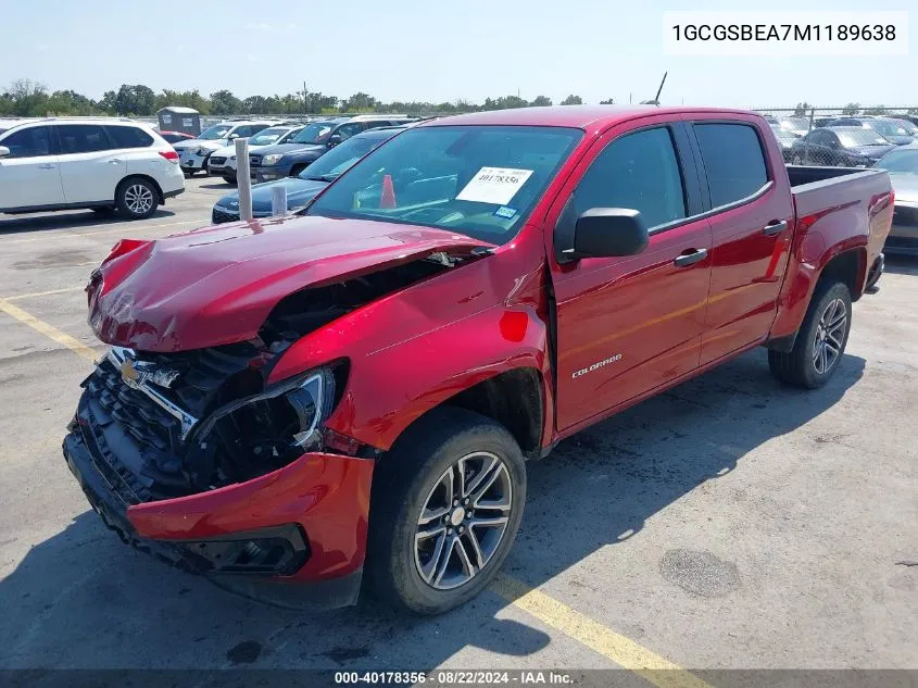 2021 Chevrolet Colorado 2Wd Short Box Wt VIN: 1GCGSBEA7M1189638 Lot: 40178356