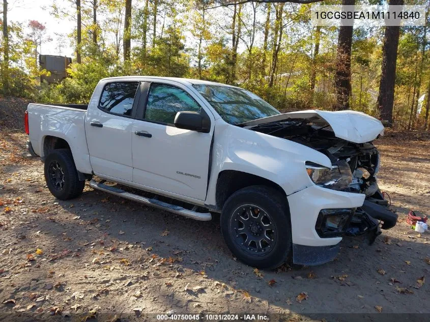 2021 Chevrolet Colorado 2Wd Short Box Wt VIN: 1GCGSBEA1M1114840 Lot: 40750045