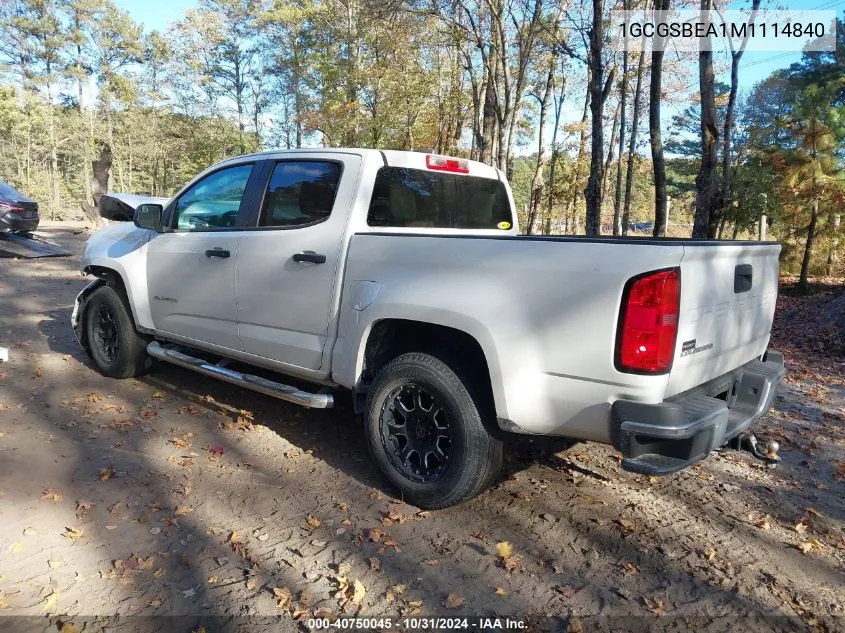 2021 Chevrolet Colorado 2Wd Short Box Wt VIN: 1GCGSBEA1M1114840 Lot: 40750045