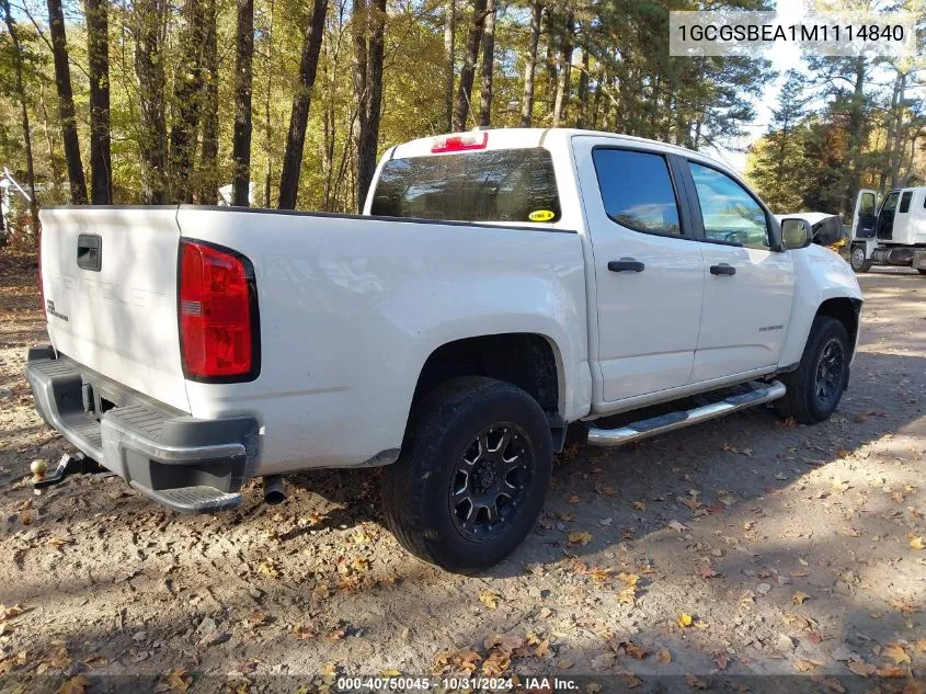 2021 Chevrolet Colorado 2Wd Short Box Wt VIN: 1GCGSBEA1M1114840 Lot: 40750045