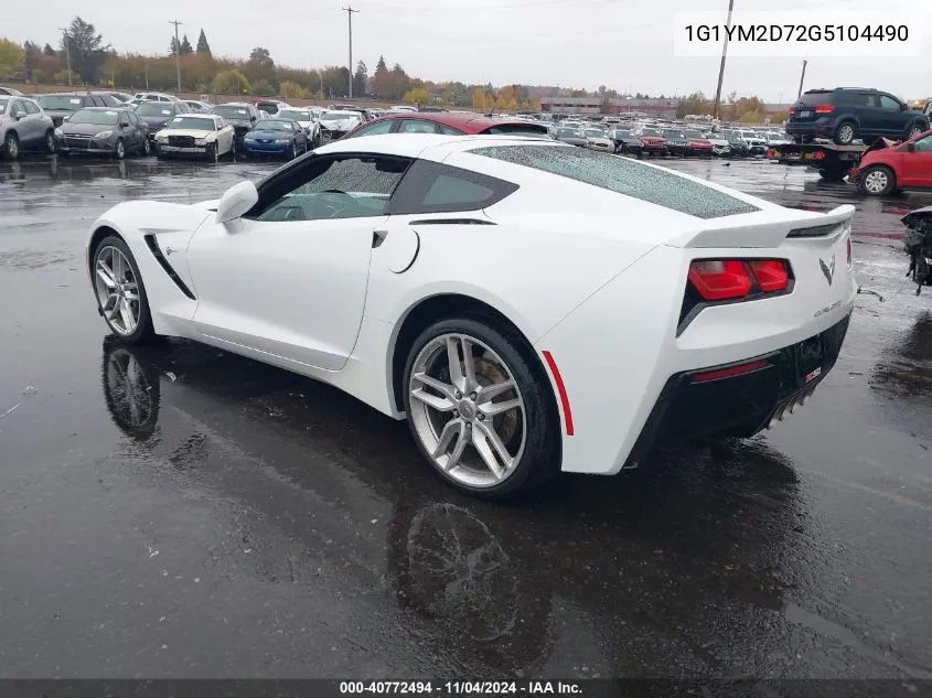 2016 Chevrolet Corvette Stingray Z51 VIN: 1G1YM2D72G5104490 Lot: 40772494