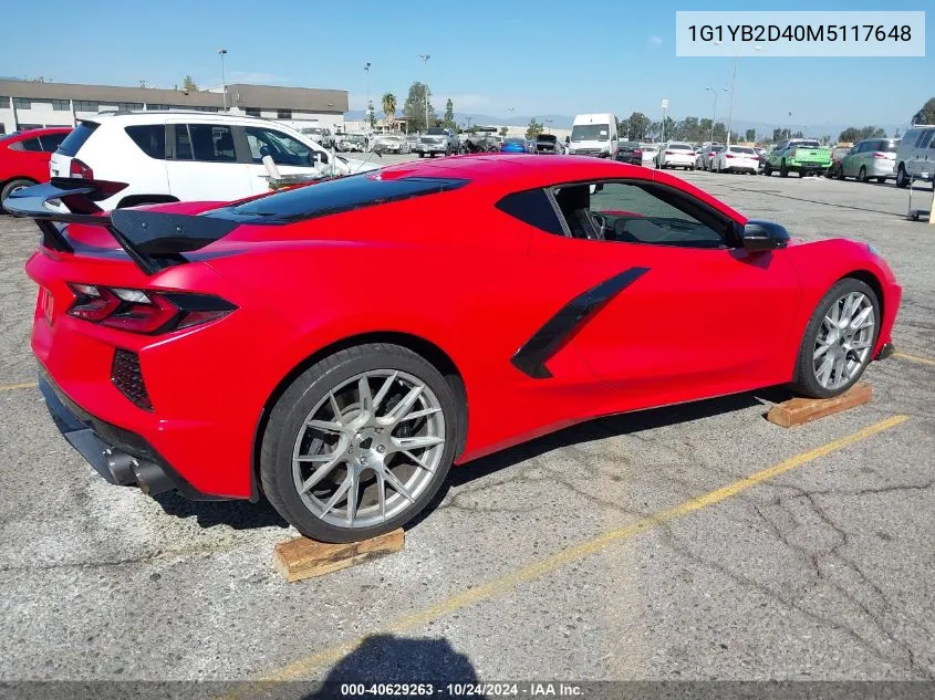 2021 Chevrolet Corvette 2Lt VIN: 1G1YB2D40M5117648 Lot: 40629263