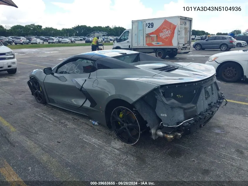 2022 Chevrolet Corvette Stingray Rwd 1Lt VIN: 1G1YA3D43N5104936 Lot: 39653655