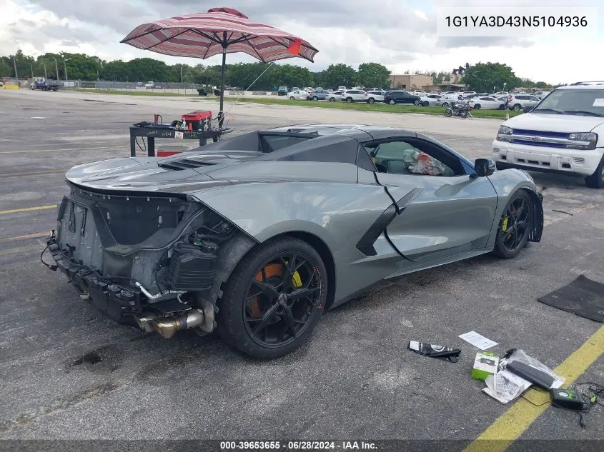 2022 Chevrolet Corvette Stingray Rwd 1Lt VIN: 1G1YA3D43N5104936 Lot: 39653655