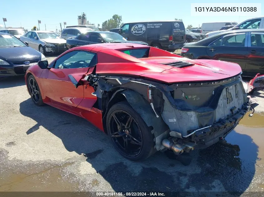 2022 Chevrolet Corvette Stingray Rwd 1Lt VIN: 1G1YA3D46N5110388 Lot: 40181155