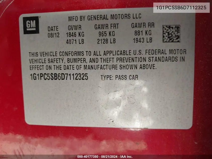 1G1PC5SB6D7112325 2013 Chevrolet Cruze 1Lt Auto