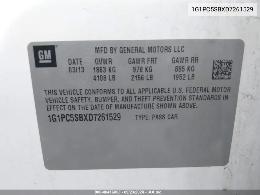 1G1PC5SBXD7261529 2013 Chevrolet Cruze 1Lt Auto