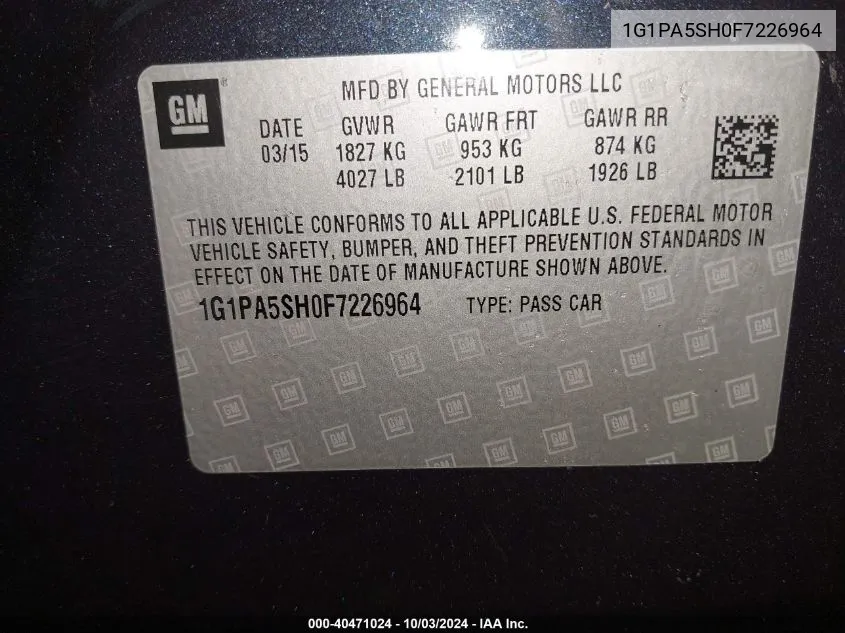 1G1PA5SH0F7226964 2015 Chevrolet Cruze Ls Auto