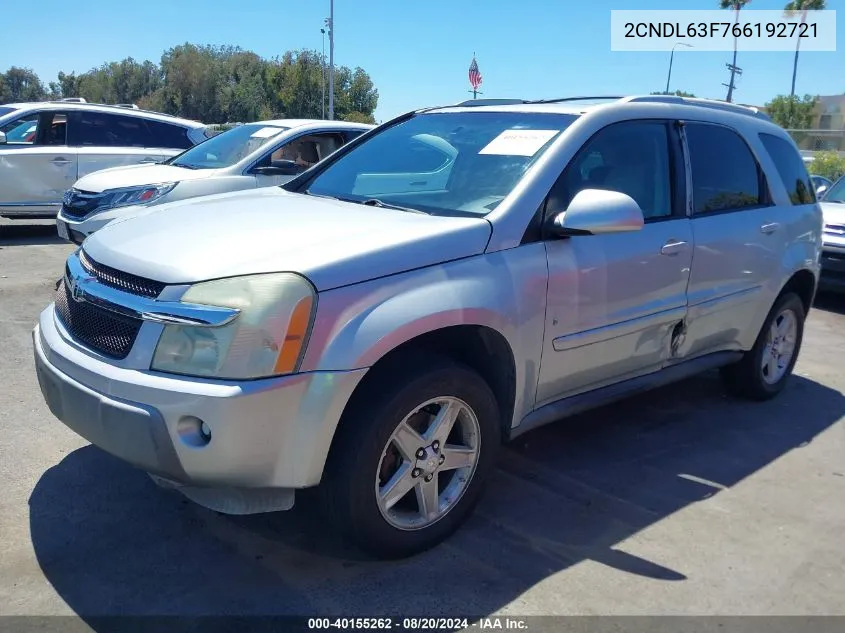 2006 Chevrolet Equinox Lt VIN: 2CNDL63F766192721 Lot: 40155262