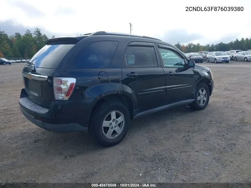 2007 Chevrolet Equinox Lt VIN: 2CNDL63F876039380 Lot: 40478508