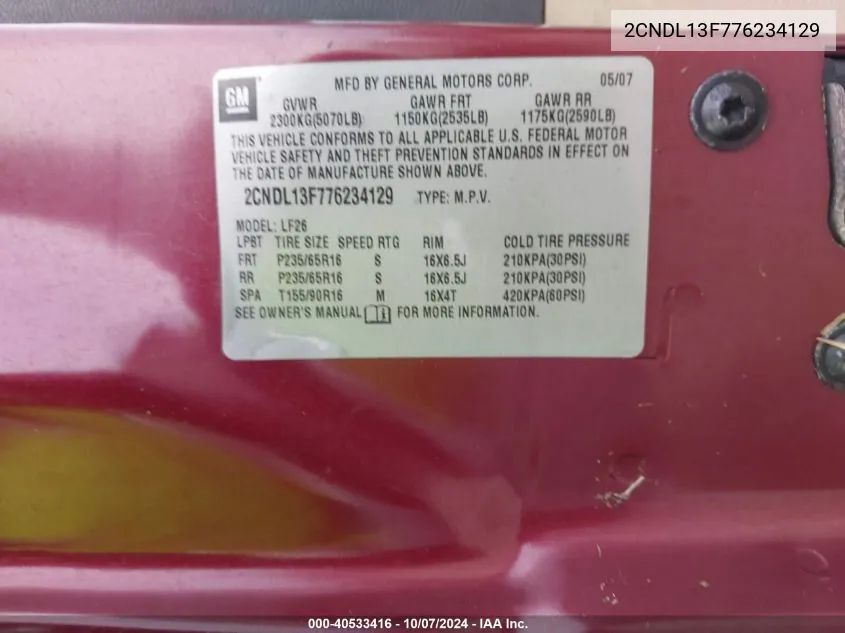 2CNDL13F776234129 2007 Chevrolet Equinox Ls