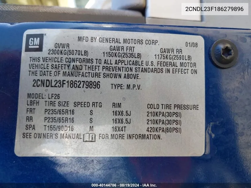 2CNDL23F186279896 2008 Chevrolet Equinox Ls