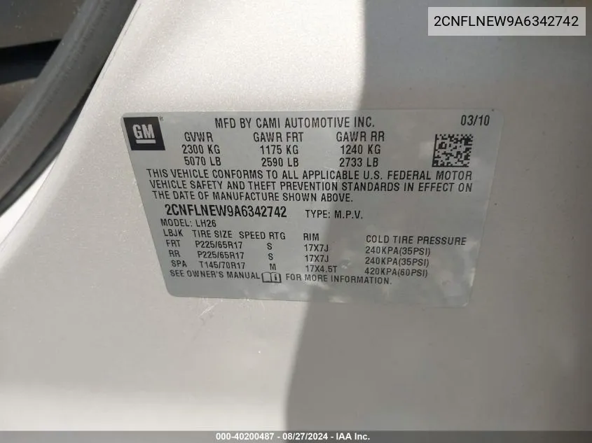 2CNFLNEW9A6342742 2010 Chevrolet Equinox Lt