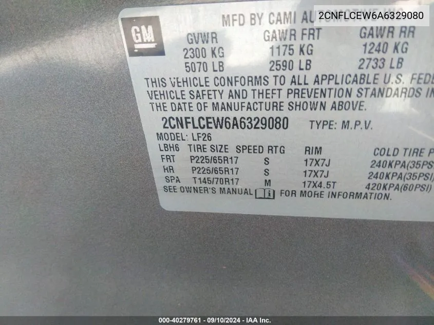 2CNFLCEW6A6329080 2010 Chevrolet Equinox Ls