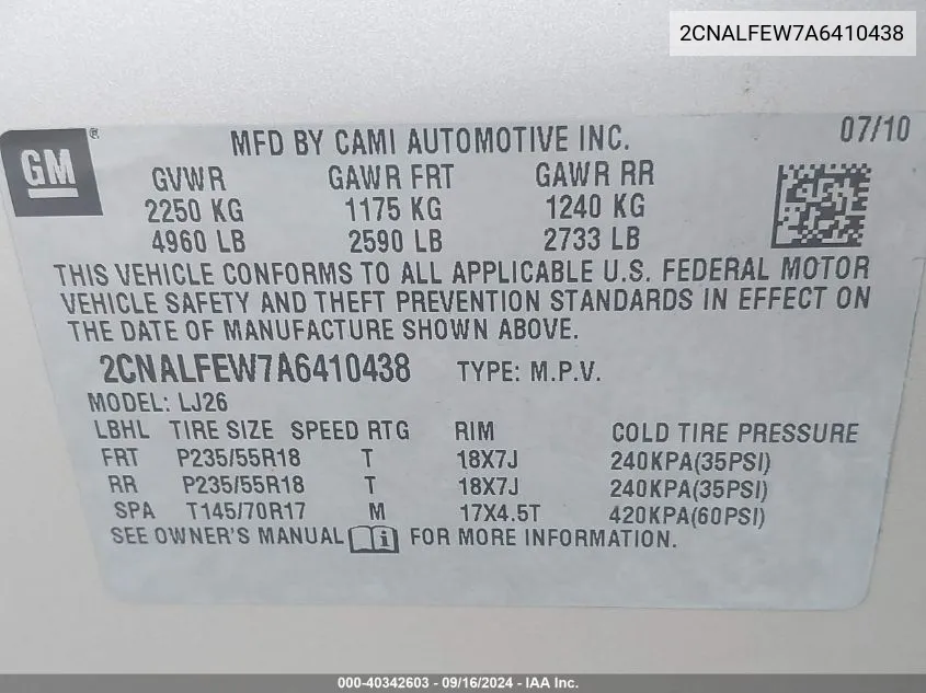 2CNALFEW7A6410438 2010 Chevrolet Equinox Ltz