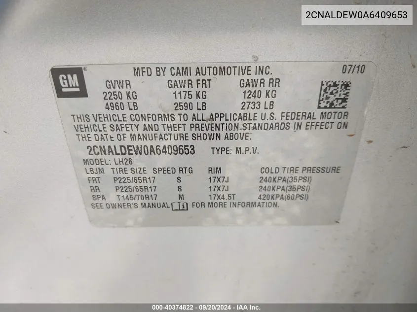 2CNALDEW0A6409653 2010 Chevrolet Equinox Lt