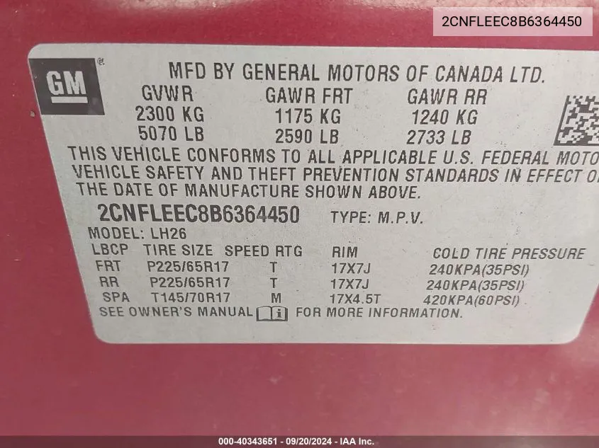 2CNFLEEC8B6364450 2011 Chevrolet Equinox 1Lt