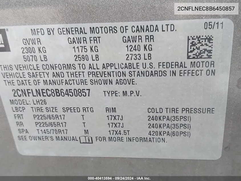 2CNFLNEC8B6450857 2011 Chevrolet Equinox Lt