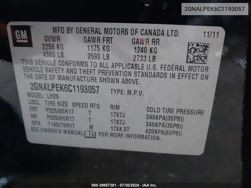 2GNALPEK6C1193057 2012 Chevrolet Equinox 2Lt