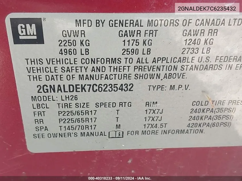 2GNALDEK7C6235432 2012 Chevrolet Equinox 1Lt