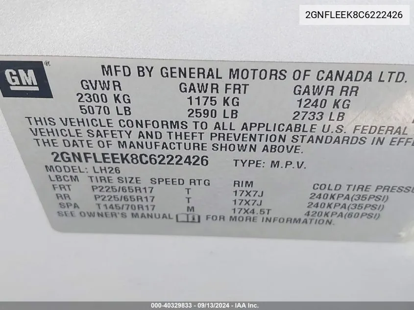 2GNFLEEK8C6222426 2012 Chevrolet Equinox 1Lt