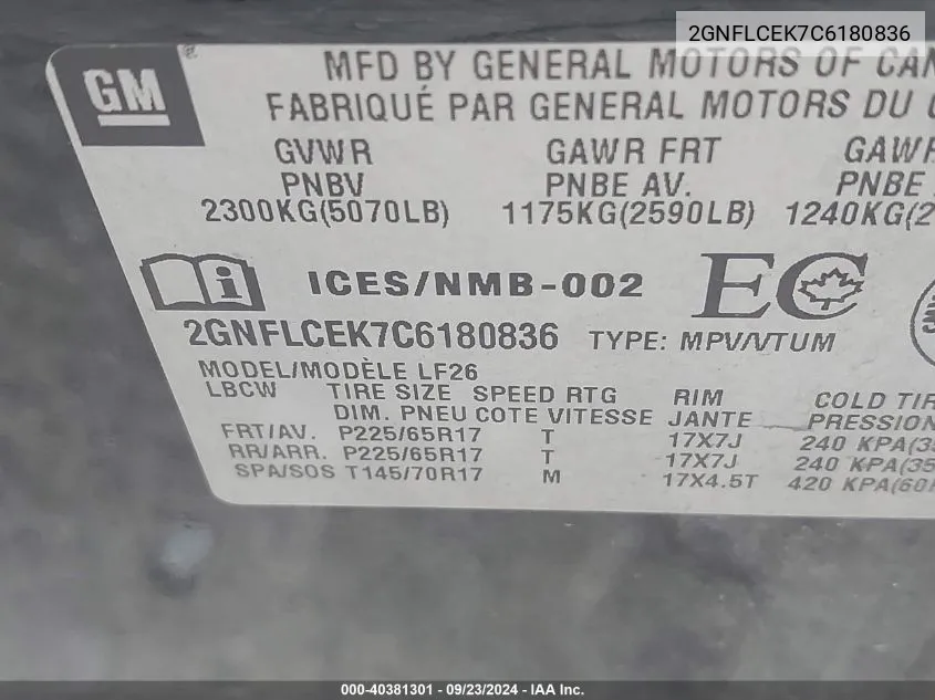 2GNFLCEK7C6180836 2012 Chevrolet Equinox Ls