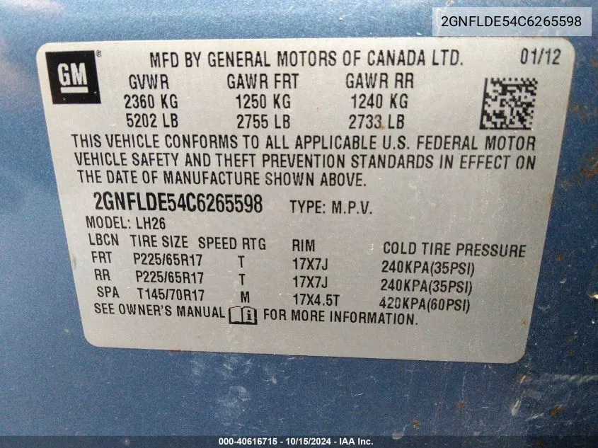 2GNFLDE54C6265598 2012 Chevrolet Equinox 1Lt