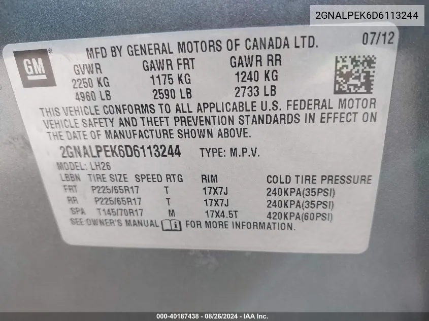 2GNALPEK6D6113244 2013 Chevrolet Equinox 2Lt