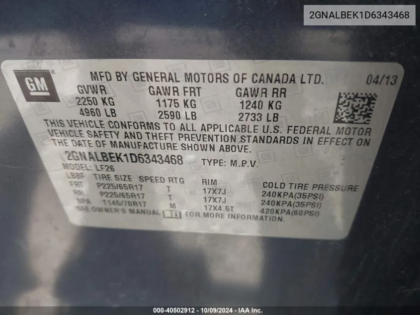 2GNALBEK1D6343468 2013 Chevrolet Equinox Ls