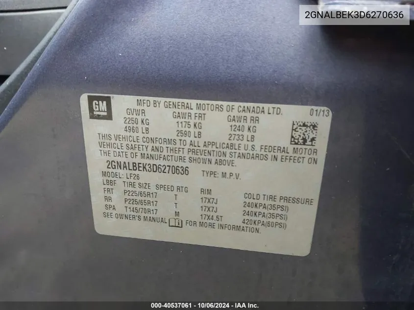 2GNALBEK3D6270636 2013 Chevrolet Equinox Ls