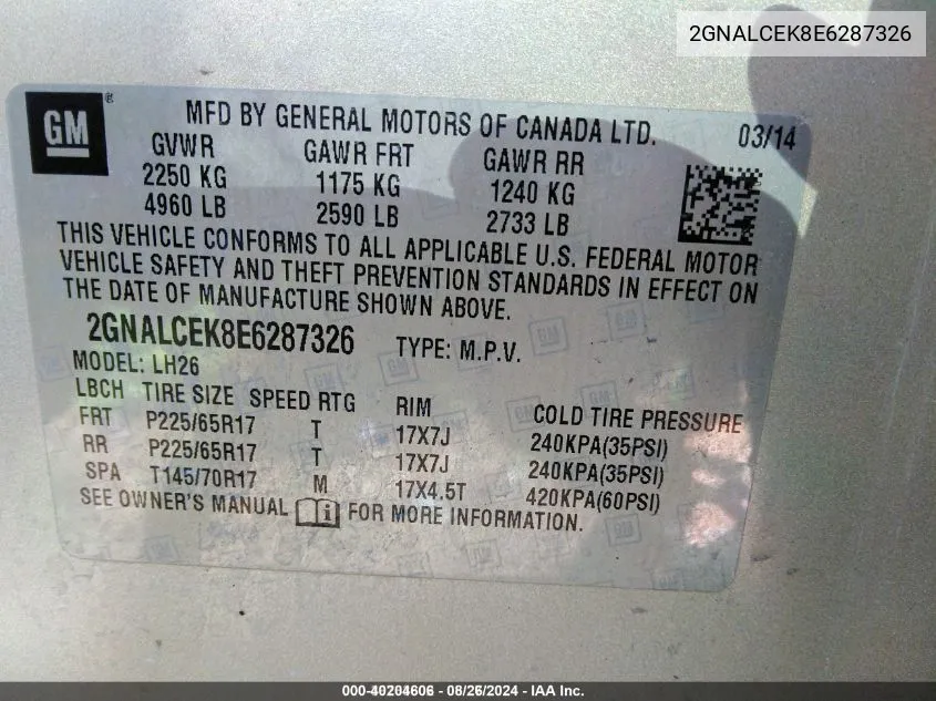 2GNALCEK8E6287326 2014 Chevrolet Equinox 2Lt