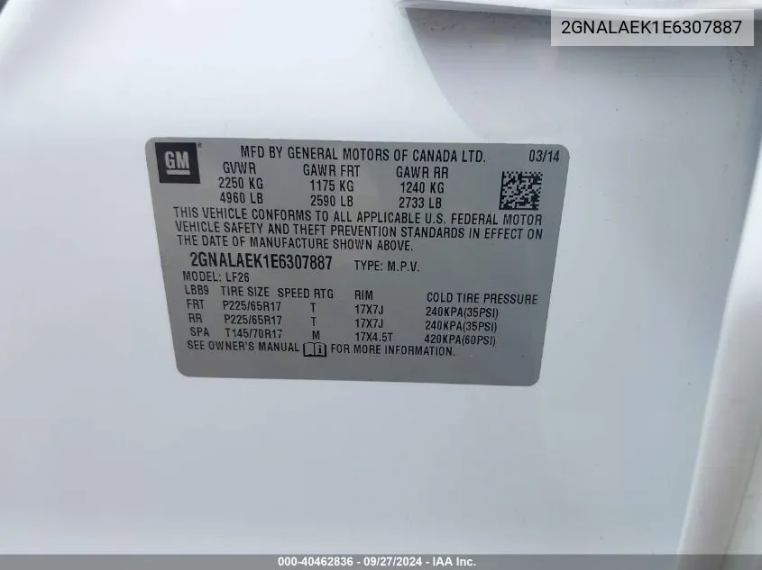 2GNALAEK1E6307887 2014 Chevrolet Equinox Ls