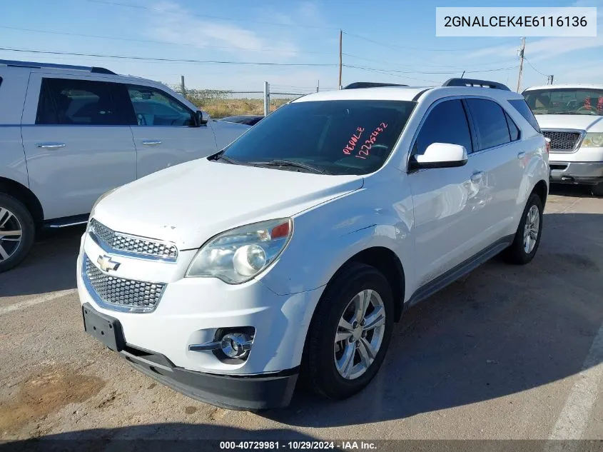 2014 Chevrolet Equinox 2Lt VIN: 2GNALCEK4E6116136 Lot: 40729981