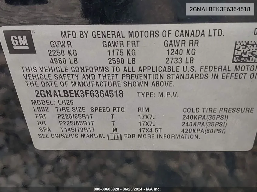 2GNALBEK3F6364518 2015 Chevrolet Equinox Lt