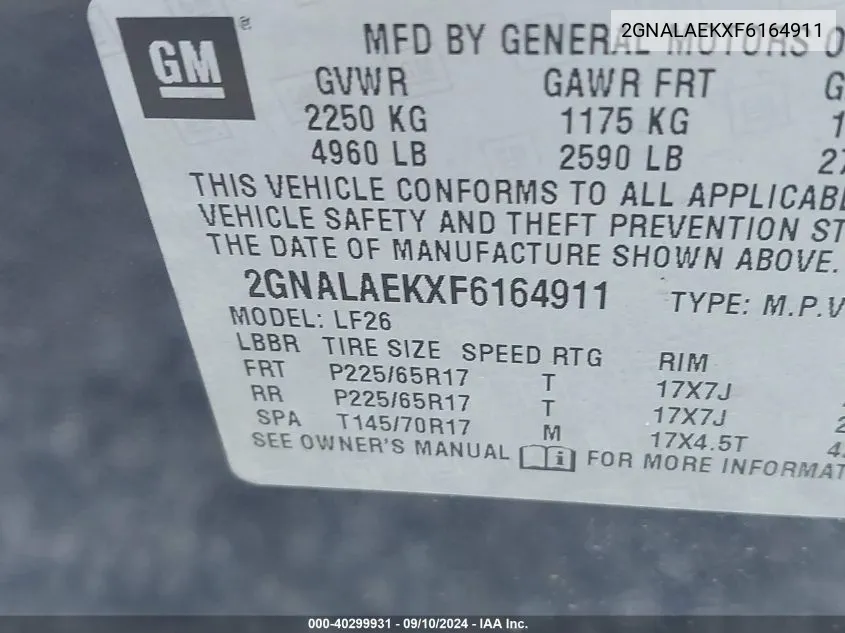 2GNALAEKXF6164911 2015 Chevrolet Equinox Ls