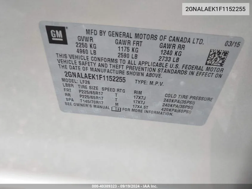 2GNALAEK1F1152255 2015 Chevrolet Equinox Ls