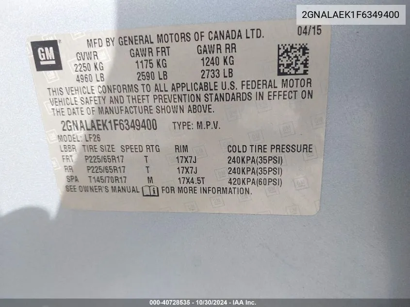 2GNALAEK1F6349400 2015 Chevrolet Equinox Ls