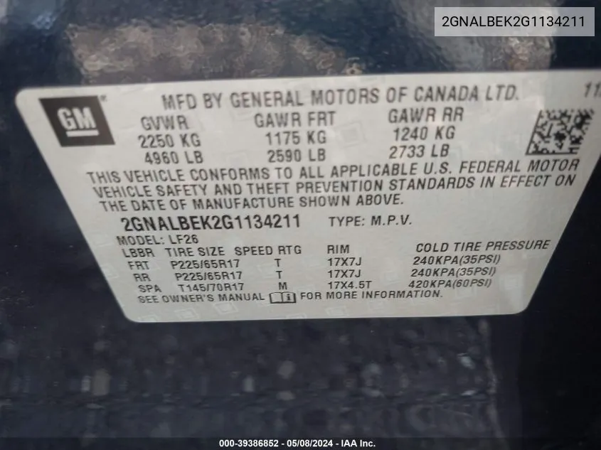 2GNALBEK2G1134211 2016 Chevrolet Equinox Ls