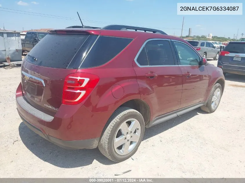 2016 Chevrolet Equinox Lt VIN: 2GNALCEK7G6334087 Lot: 39820081